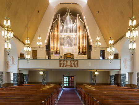 Organ consecrated in 1987 holds 4000 pipes and possesses 45 registers, at Rovaniemi main church  Part of ceiling and church interior also in photo のeditorial素材