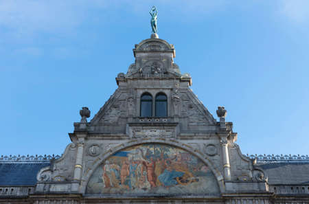 Fresco, painting, and top of historic Ghent Theater facade のeditorial素材