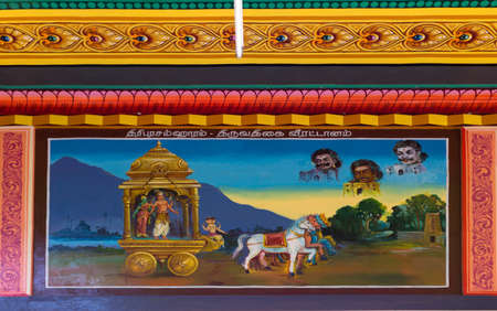 KUMBAKONAM, INDIA - OCTOBER 12, 2013: Mahalingeswarar Temple. Painting on the ceiling of the open hall, Mandapam to the inner sanctum. Lord Shiva killed the three demons, who each owned a city, one a golden city, the other one a silver city, and the thirdのeditorial素材