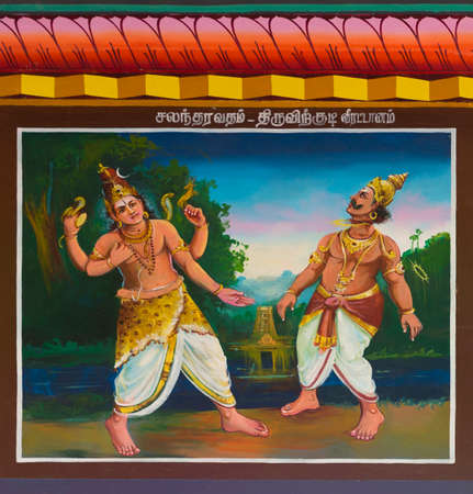 KUMBAKONAM, INDIA - OCTOBER 12, 2013: Mahalingeswarar Temple. Painting on the ceiling of the open hall, Mandapam to the inner sanctum. Lord Shiva cuts off Indira's head with a chakra. Indira needed a lesson about knowing his place in the universe.のeditorial素材