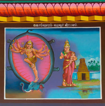 KUMBAKONAM, INDIA - OCTOBER 12, 2013: Mahalingeswarar Temple. Painting on the ceiling of the open hall, Mandapam to the inner sanctum.  Sages has sent an elephant to kill Shiva. He kills the elephant, fleeces the dead animal and uses the skin to disguise のeditorial素材