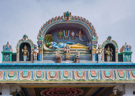 Trichy, India - October 15, 2013: Decoration on entrance hall of Annamandapam sanctuary. Central...