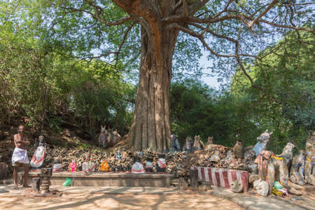 Chettinad, India - October 16, 2013: Ayyanar, village protector Horse shrine of Namunasamudran. Altar with priest standing to the side. Forest environment.のeditorial素材