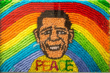 Hiroshima, Japan - September 20, 2016: US President Obama at Hiroshima Peace Memorial Park. Combination of colorful origami cranes makes an image of his smiling face.のeditorial素材