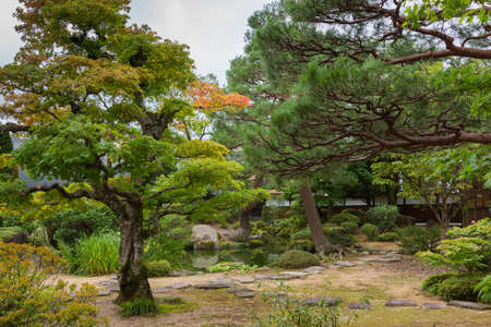Takayama, Japan - September 24, 2016: View on the Japanese Garden of the city Jinya, the historic Government mansion. Some of the foliage turns from green to yellow, orange. Pond and path.の写真素材