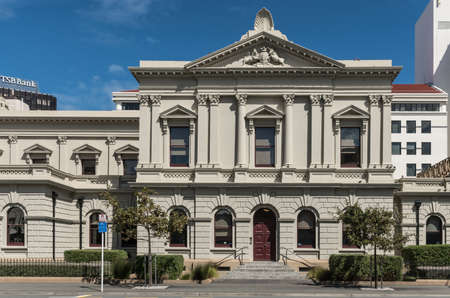 Wellington, New Zealand - March 10, 2017: White front facade and entrance of the Supreme Court...