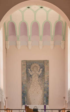 Wellington, New Zealand - March 10, 2017: Altar, Pixelated backdrop of Christ and pastel colored ceiling at Saint Paul Cathedral.のeditorial素材