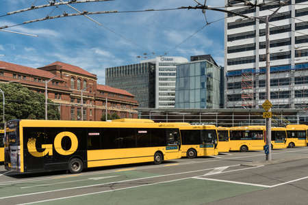 Wellington, New Zealand - March 10, 2017: Public trolley bus terminal near Railway station shows...