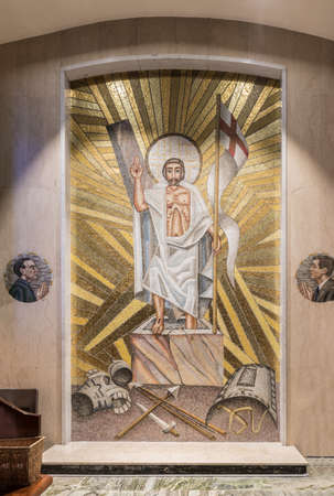 Galway, Ireland - August 5, 2017: Resurrection mosaic with side images of Patrick Pearse and John F....