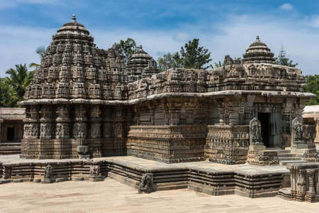 Mysore, India - October 27, 2013: Beige stone central sanctuary, called Trikuta, of Chennakesava...