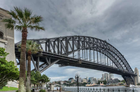 Sydney, Australia - March 22, 2017: Harbour bridge shot with base supports and palm trees along water shore under heavy dark rainy sky. Kirribilly highrises visible under bridge.のeditorial素材
