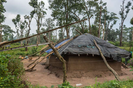 Coorg, India - October 29, 2013: Dubare Elephant Camp. Family dwelling is long bamboo-clay hut with blue and black tarp as roof. Green jungle setting under gray sky. Dog, beams and fence.の写真素材