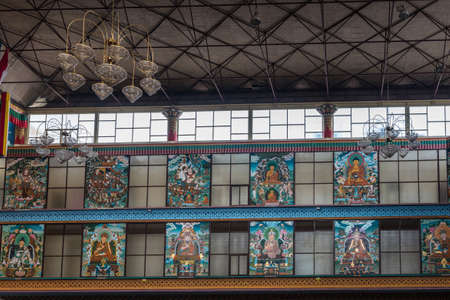Coorg, India - October 29, 2013: Inside Padmasambhava Vihara of Namdroling Buddhist Monastery. Right...