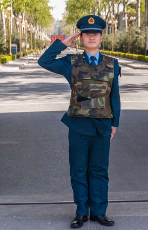 Beijing, China - April 29, 2010: Young fierce and proud male air force officer in blue uniform...