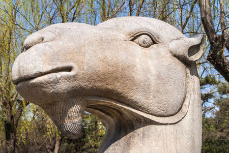 Beijing, China - April 28, 2010: Ming Dynasty Tombs domain, or Ming Changling. Closeup of white-brown camel head statue. Trees in back and blue sky.のeditorial素材