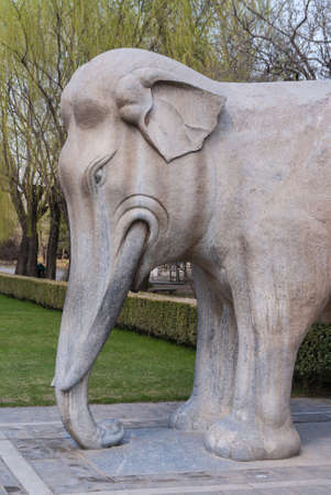 Beijing, China - April 28, 2010: Ming Dynasty Tombs domain, or Ming Changling. Closeup of white-brown head, tusk and trunk of elephant statue. Trees in back and light blue sky.のeditorial素材