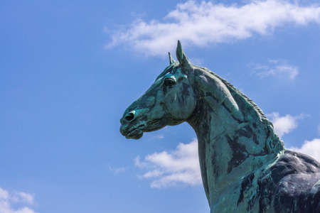 Edinburgh, Scotland, UK - June 14, 2012: Closeup of Horse statue of King Tom looking at Firth of Forth at Dalmeny House. Head and shoulders. Blue sky.のeditorial素材