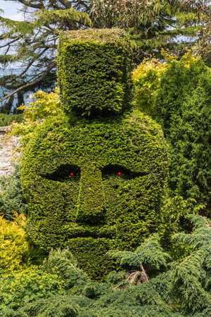 Edinburgh, Scotland, UK - June 14, 2012: Dalmany house lands, along a rural road artistically cut deep green hedges near Whitehouse Bay. Eastern Island masks with mohawkのeditorial素材