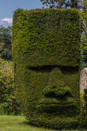 Edinburgh, Scotland, UK - June 14, 2012: Dalmany house lands, along a rural road artistically cut deep green hedges near Whitehouse Bay. Easter Island mask.のeditorial素材