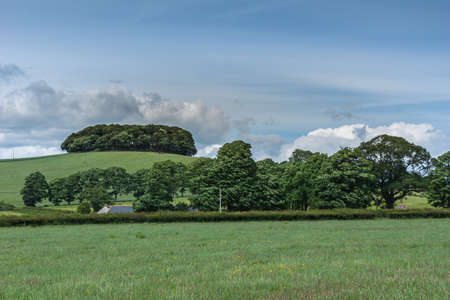 Shearington, Scotland, UK - June 18, 2012:Landscape just north of Ruined triangular brown stone moated Caerlavarock Castle under blue sky.のeditorial素材