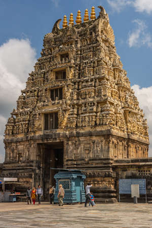 Belur, Karnataka, India - November 2, 2013: Brown stone Gopuram of main entrance seen from inside...