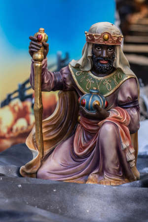 Garden Grove, California, USA - December 13, 2018: Crystal Christ Cathedral. Closeup of statue of one of the Three Kings at Nativity Scene paying his respect to Baby Jesus.のeditorial素材