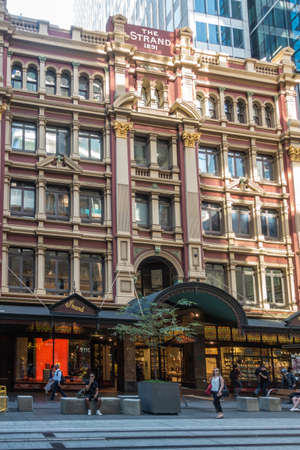 Sydney, Australia - February 12, 2019: Historic and Iconic The Strand Building in George Street. Luxury shops and people in the street.のeditorial素材