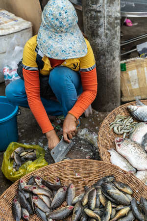 Sihanoukville, Cambodia - March 15, 2019: Phsar Leu Market. Closeup of colorfully clothed woman cutting, cleaning fish on the street with baskets of fish near her.のeditorial素材