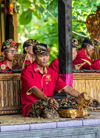 Banjar Gelulung, Bali, Indonesia - February 26, 2019: Mas Village. Play on stage setting. Closeup if musician playing traditional instrument. Reds, gold and black colors dominant.のeditorial素材