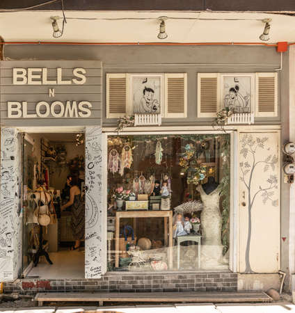 Balabag, Boracay Island, Philippines - March 4, 2019: DâMall de Boracay. Entrance facade of Bells N Blooms gift store with dominant white decor offers wide range of items.のeditorial素材