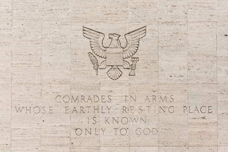 Manila, Philippines - March 5, 2019: American Cemetery and Memorial park. Closeup of commemorative message chiseled on wall of memorial.のeditorial素材