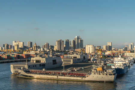 Manila, Philippines - March 5, 2019: Navy AF-81 Lake Caliraya ship, large gray Navy LD-601 BRP...