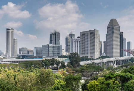 Singapore - March 22, 2019: Gardens by the Bay, Supertree Grove. Horizon of gray skyscrapers under blue sky with white clouds. Front is green park and freeways.のeditorial素材