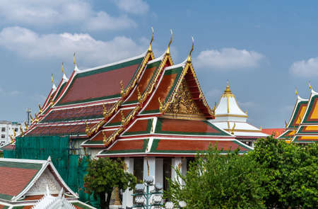 Bangkok city, Thailand - March 17, 2019: Roofs of Ordination hall and offices at Temple of Dawn...