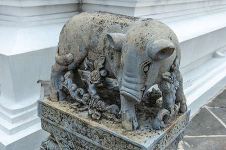 Bangkok city, Thailand - March 17, 2019: Gray pig statue at bottom of Temple of Dawn, with white base wall in back.の写真素材