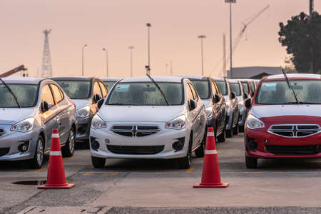 Laem Chabang seaport, Thailand - March 17, 2019: Closeup of a few Dodge cars among thousand parked...