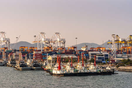 Laem Chabang seaport, Thailand - March 17, 2019: Rows of anchored tugboats in front of container terminal stacks of boxes and a few cranes under sunset sky.のeditorial素材