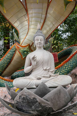 Ko Samui Island, Thailand - March 18, 2019: Wat Khunatam Buddhist Temple and monastery. Closeup, White Bodhisattva statue sitting on lotus with colorful snakes above under ficus religiosa tree.の写真素材