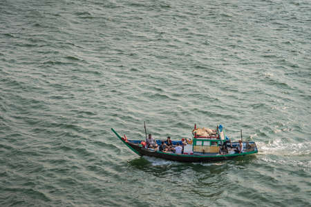 Da Nang, Vietnam - March 10, 2019: Tien Sa Port in Da Nang Bay.. Closeup of small recreational...
