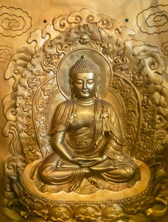 Da Nang, Vietnam - March 10, 2019: Chua An Long Chinese Buddhist Temple. Closeup of gold plated...