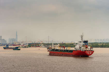 Long Tau River, Vietnam - March 12, 2019: Mekongtrans 01 ship on Long Tau River in front of Ho Chi...