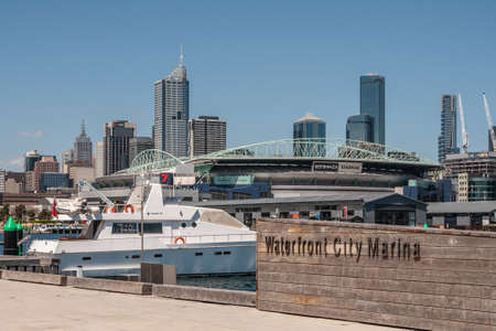 Melbourne, Australia - November 16, 2009: Ethiad or Marvel stadium behind Waterfront City Marina...