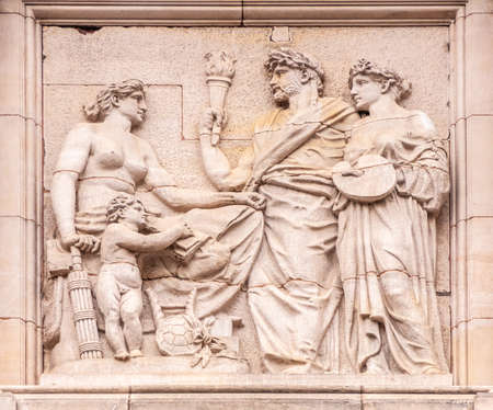 Melbourne, Australia - November 16, 2009: Closup of Fresco on facade at corner of Victoria State...