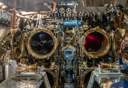Oahu, Hawaii, USA. - January 10, 2020: Pearl Harbor. Closeup of 2 open Torpedo tubes in long...