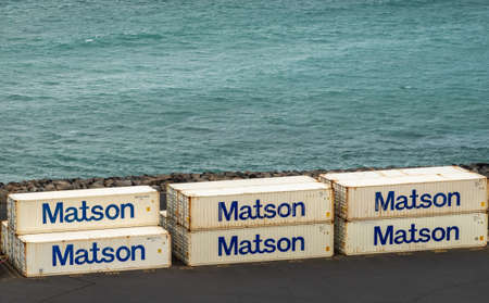 Kahului, Maui,, Hawaii, USA. - January 13, 2020: Ocean port. Closeup of white Matson shipping...