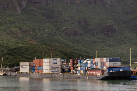 Nawiliwili, Kauai, Hawaii, USA. - January 17, 2020: Closeup of full Haaheo shipping container barge...