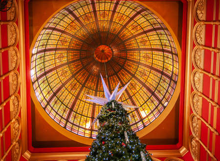 Sydney, Australia - December 11, 2009: Fish-eye view, Decorated green christmas tree under colorful giant glass dome surrounded by red walls inside Queen Victoria building shopping mall.のeditorial素材