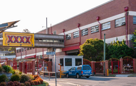 Brisbane, Australia - December 8, 2009: Entrance gate to Castlemaine Perkins brewery with giant...