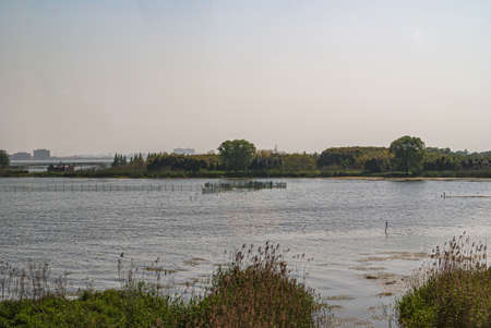 Tongli, JIangsu, China - May 3, 2010: Wide shot over gray water lake with fish pens set in green environment under light blue sky.の写真素材