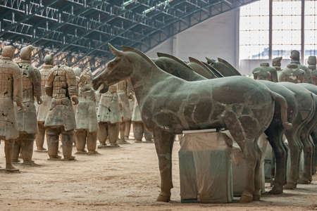 Xian, China - May 1, 2010: Terracotta Army museum and hall.  Gray-beige sculptures of row of horses and falanx of soldiers at excavation.のeditorial素材